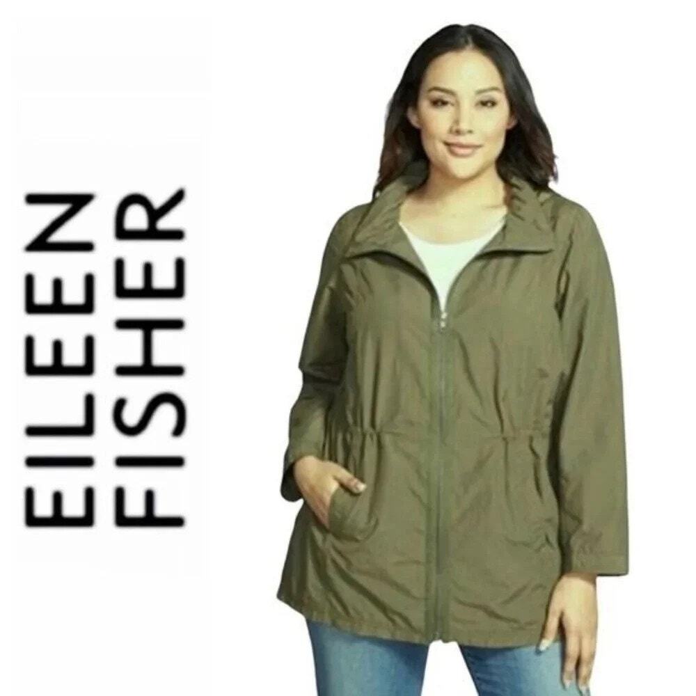 Eileen Fisher Organic Cotton Blend Hooded Drawstring Windbreaker Rain Jacket